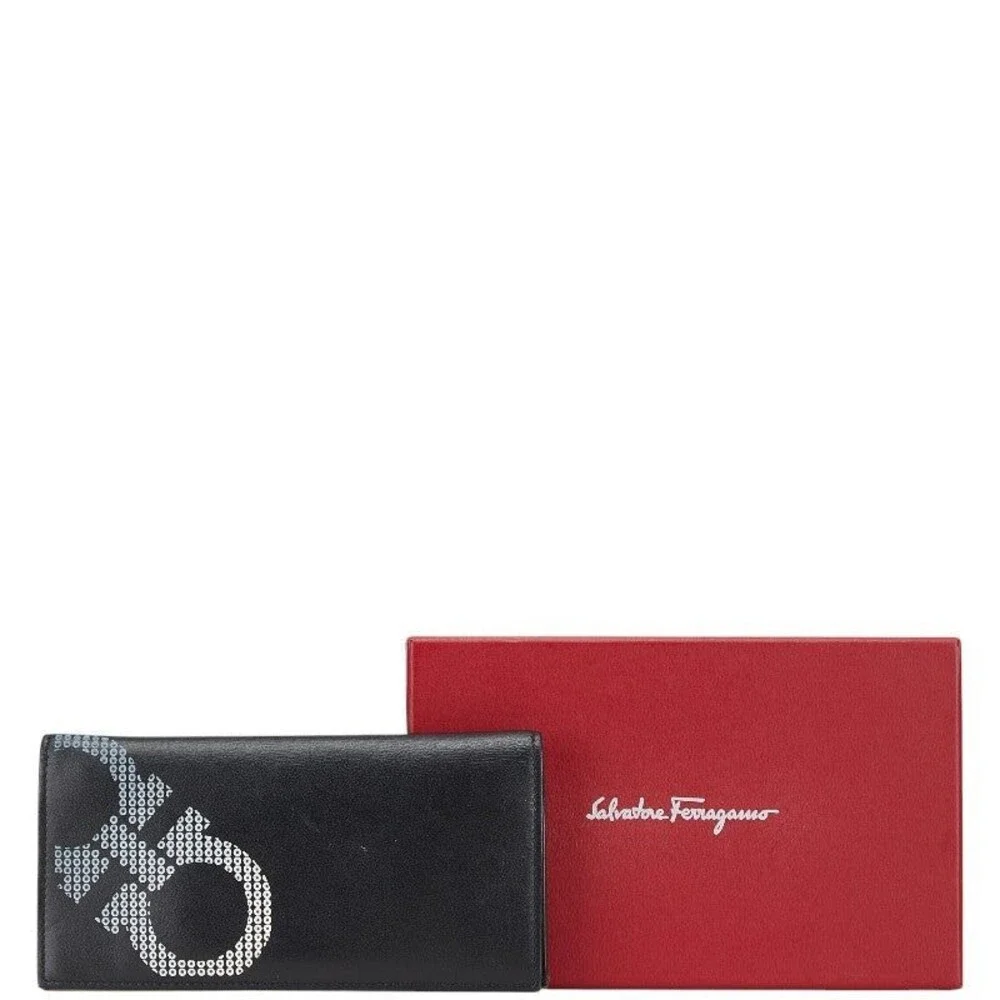 Salvatore Ferragamo Leather Double Gancini Long Wallet Black